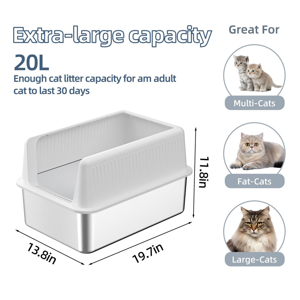 Fooalgo stainless steel litter box lid XL, side angle showing durable build and easy cleaning.