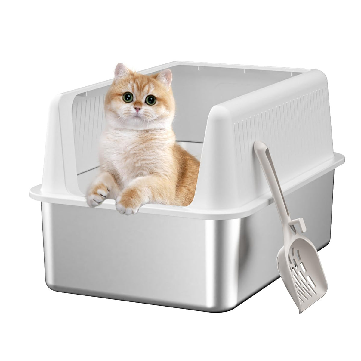 Fooalgo stainless steel litter box lid XL, top view, high sides for privacy and odor containment.