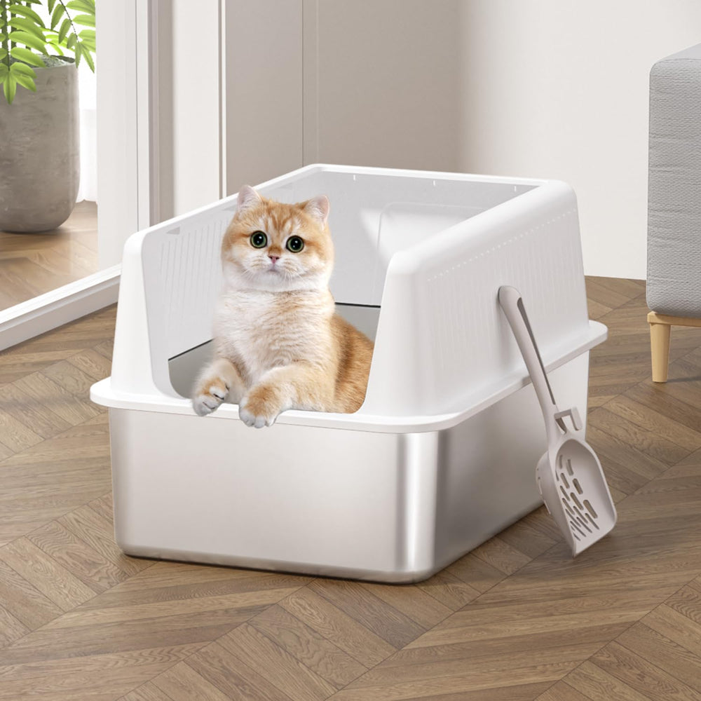 Fooalgo stainless steel litter box lid XL with scoop included for convenient cleaning.