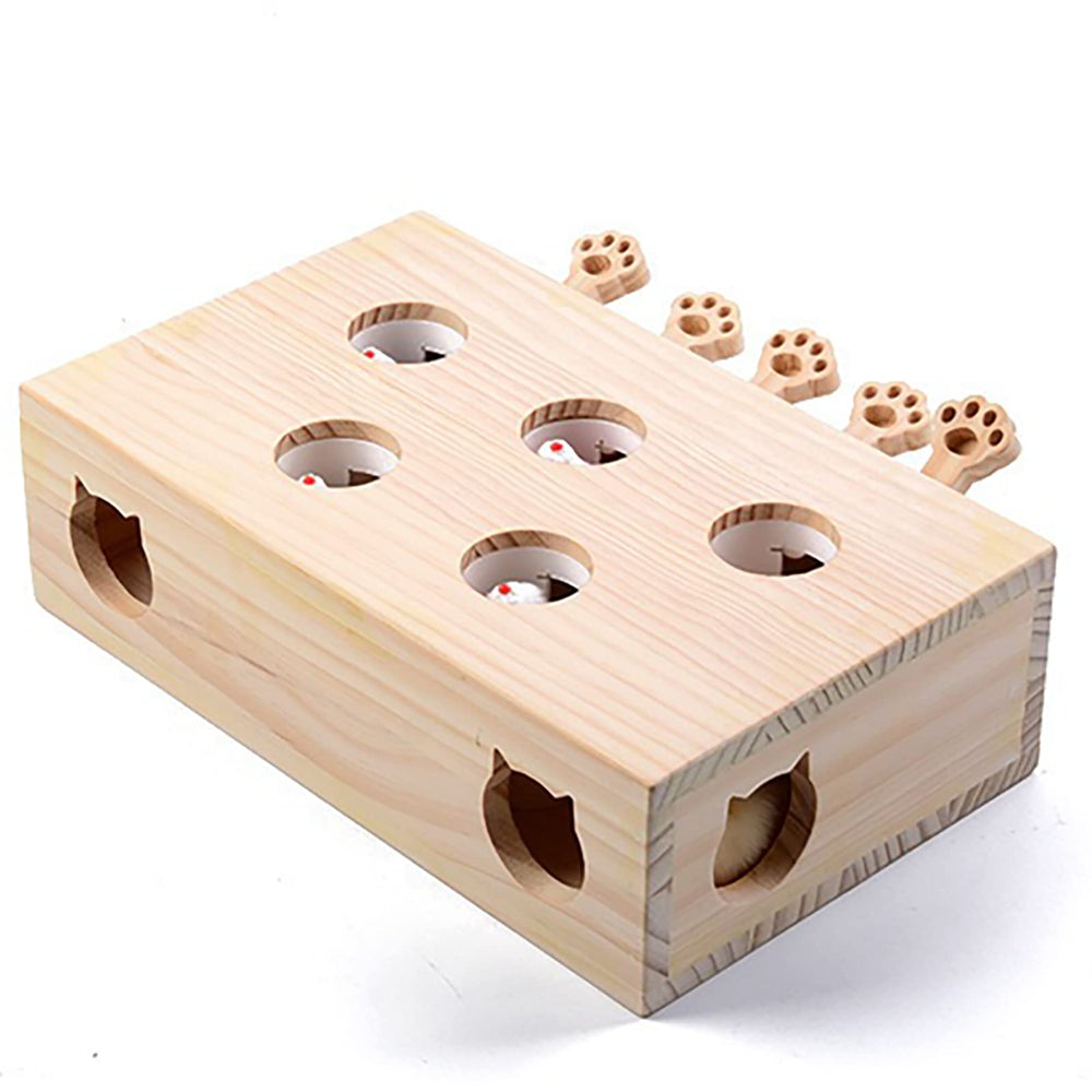FOOPOMARY wooden Whack-A-Mole toy on the floor for interactive cat play