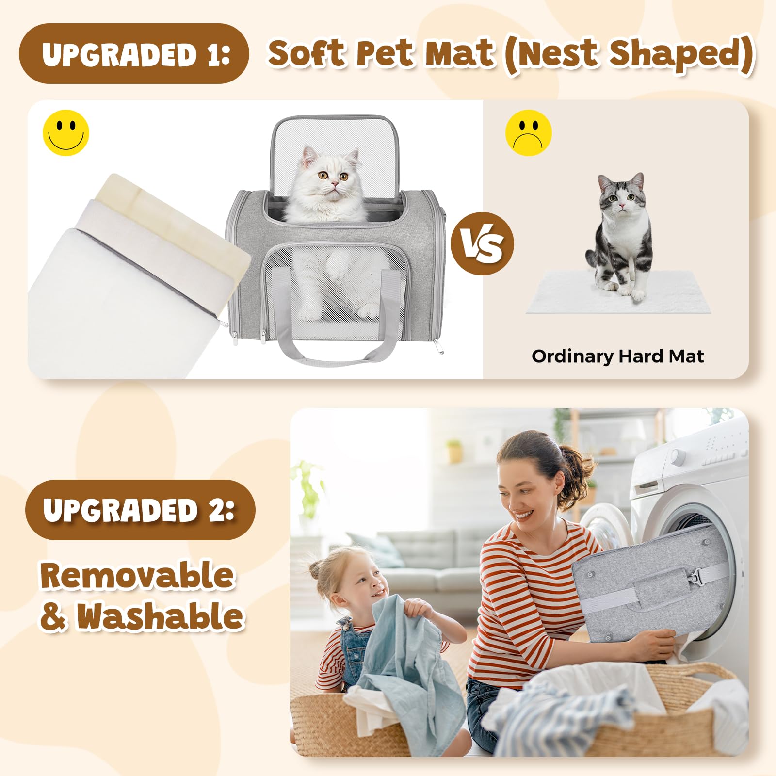 FOORLON cat carrier soft durable polyester with reinforced seams for longevity.