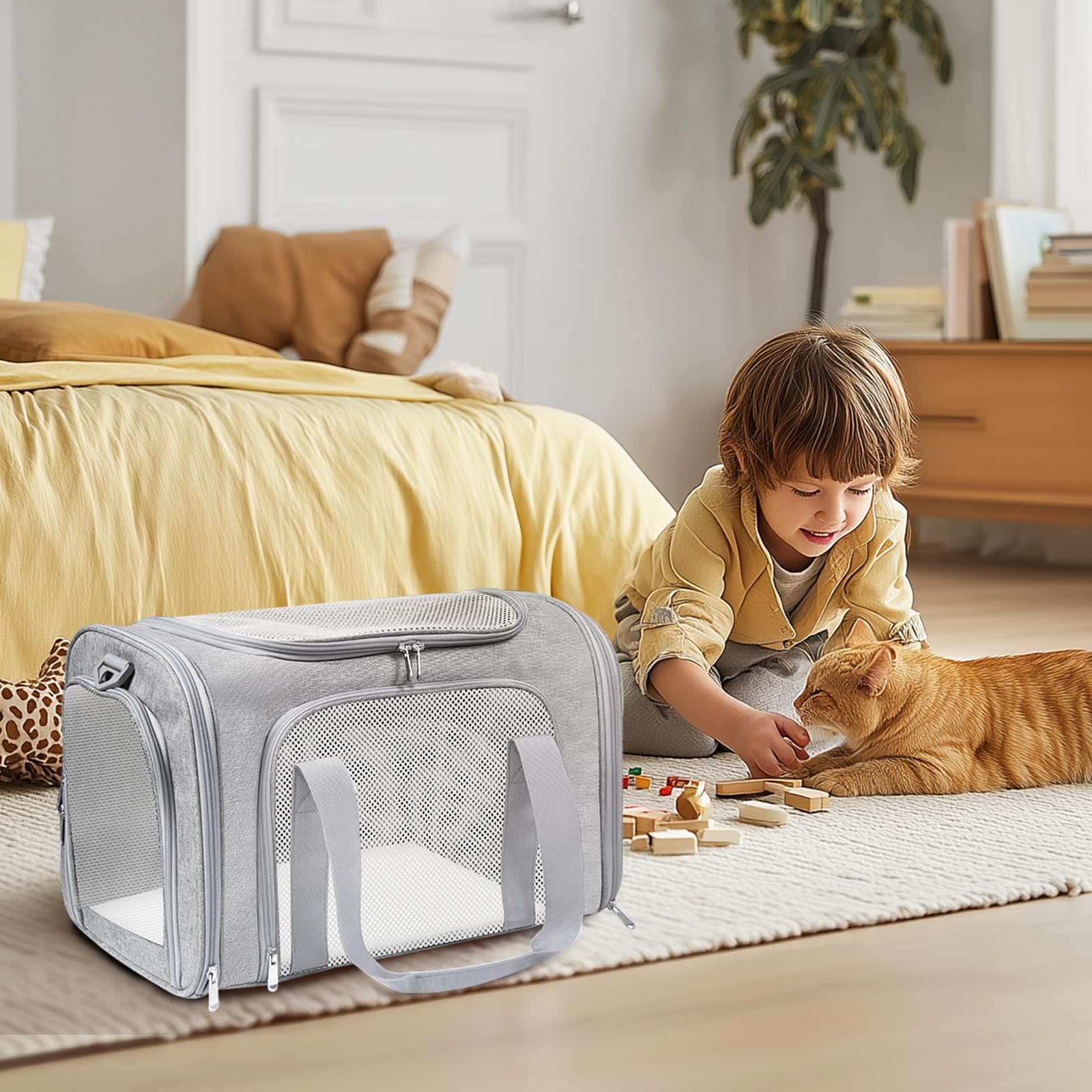 FOORLON cat carrier soft in-cabin travel setup, ideal for flights and vet visits.