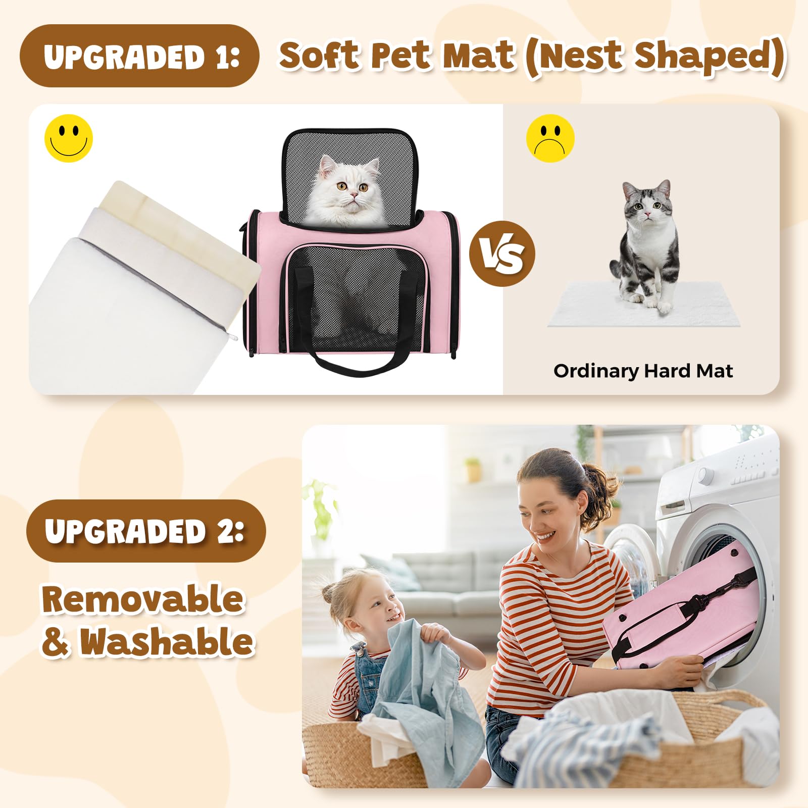FOORLON pink carrier shown with pet inside for in-cabin use.