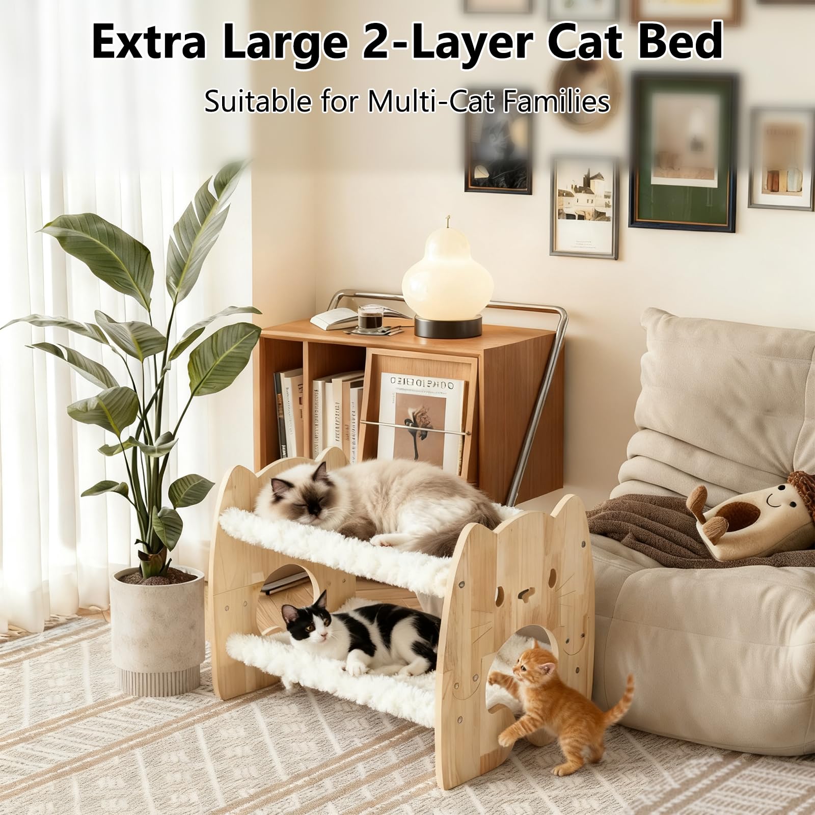 Fopeat extra-large elevated cat bed interior view highlights dual hammocks for shared relaxation