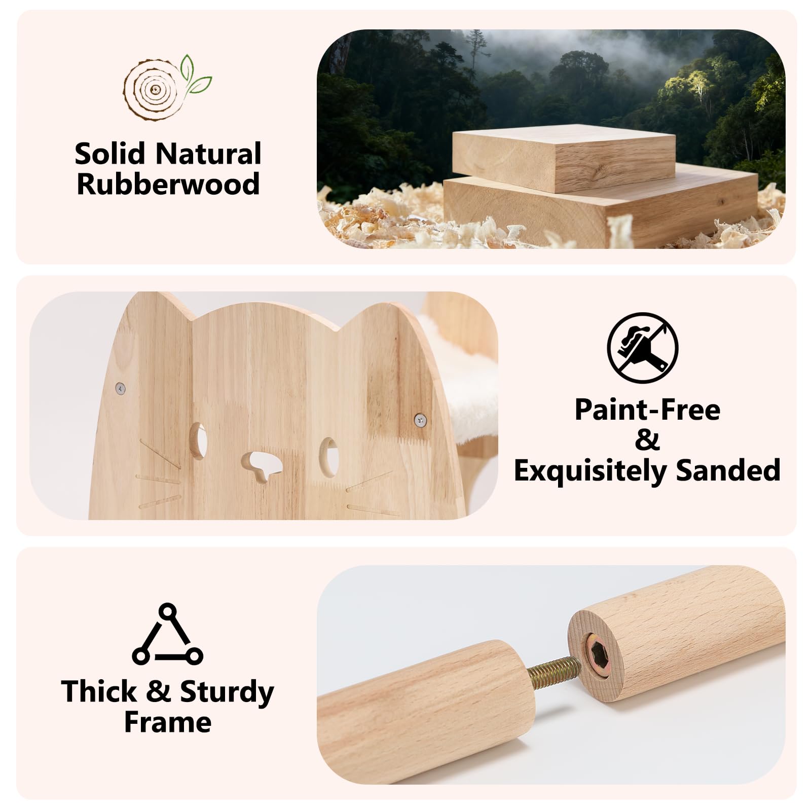 Fopeat rubberwood frame closeup shows sturdy support for calm naps