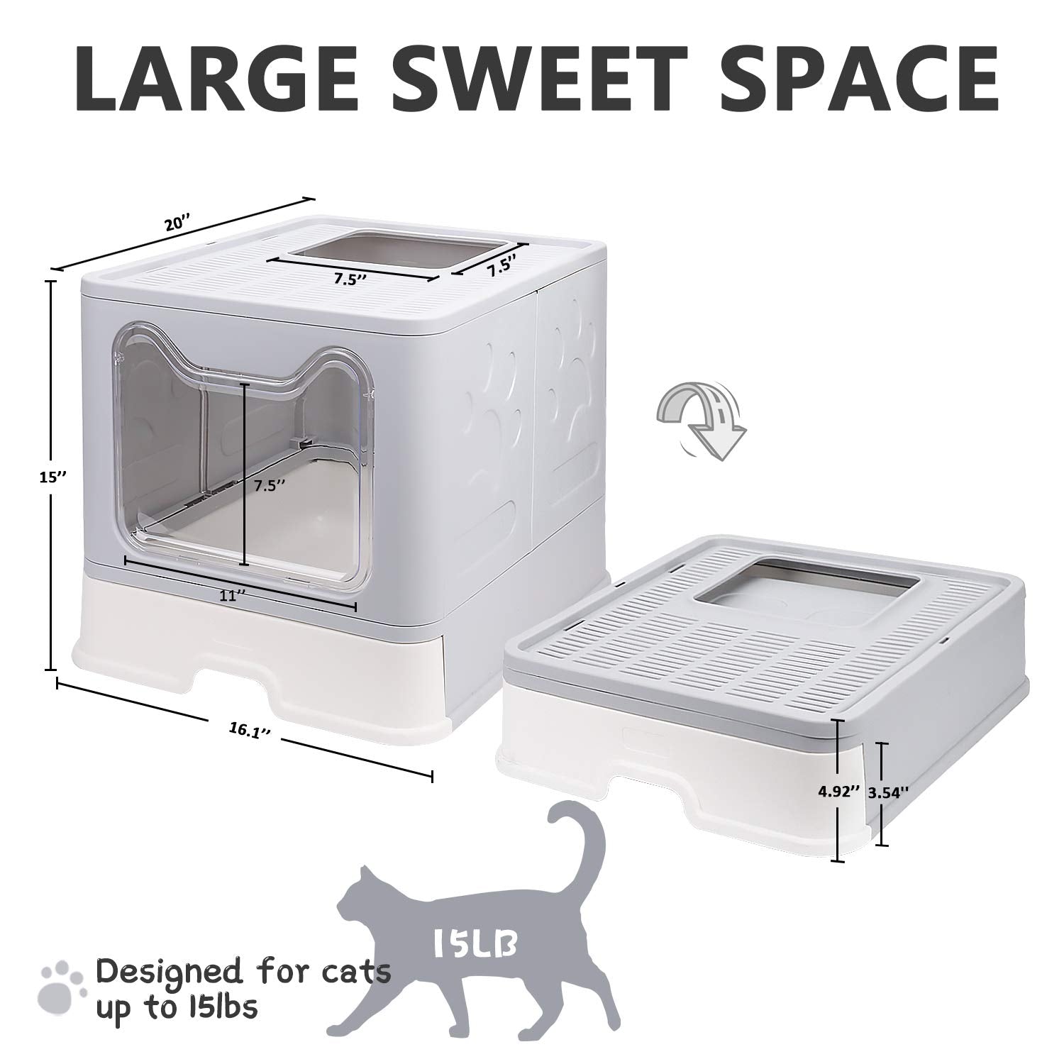 Fophop litter box front-entry top-exit design facilitates easy cat entry and exit.