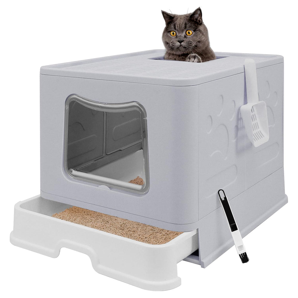 Fophop XL foldable litter box with grey lid showing portable privacy and easy storage