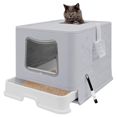 Fophop XL foldable litter box with grey lid showing portable privacy and easy storage