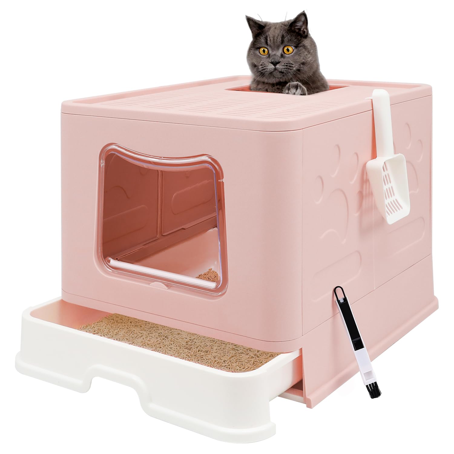 Fophop XL foldable litter box with lid setup in pink for easy storage.