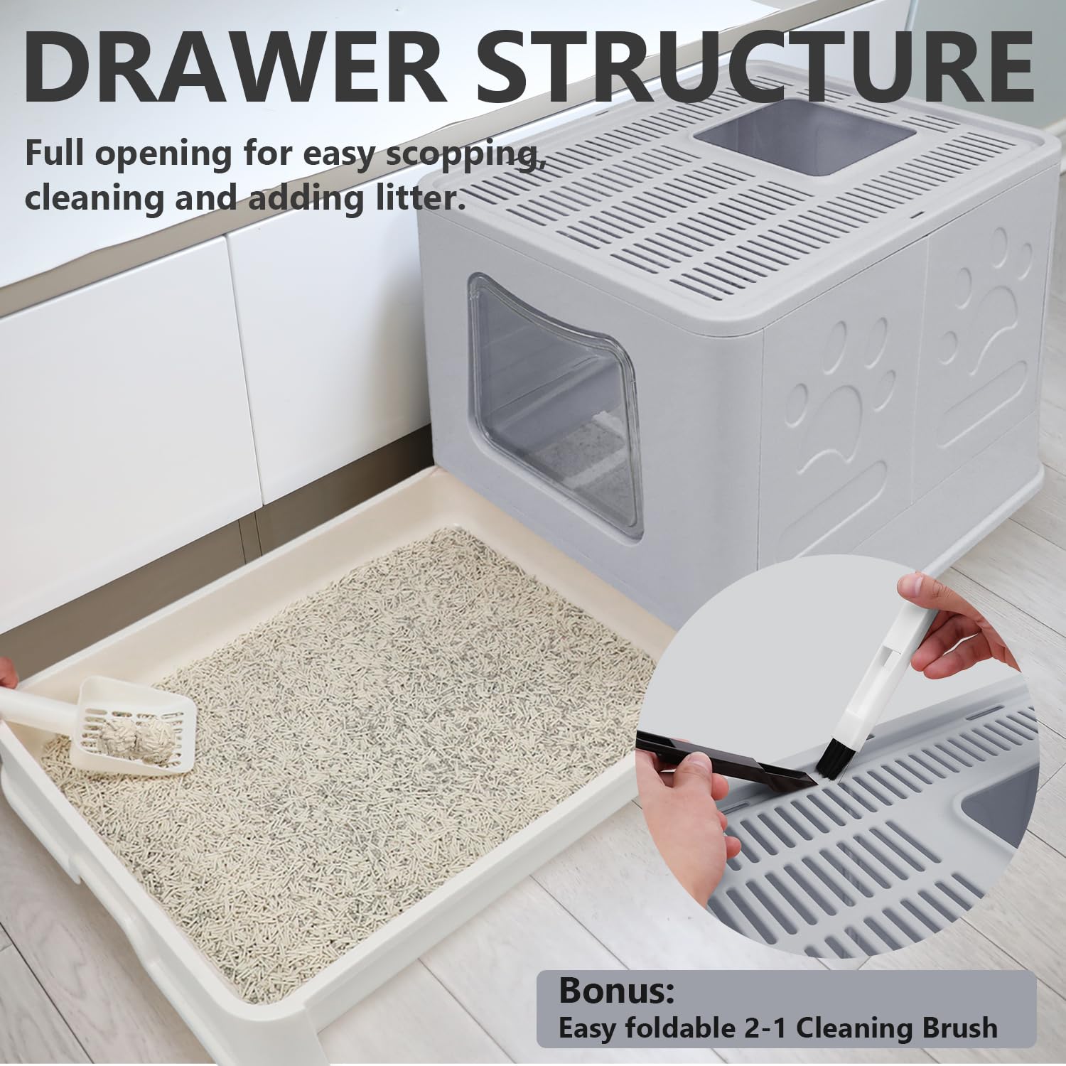 Fophop XL foldable litter box pull-out drawer for quick scooping