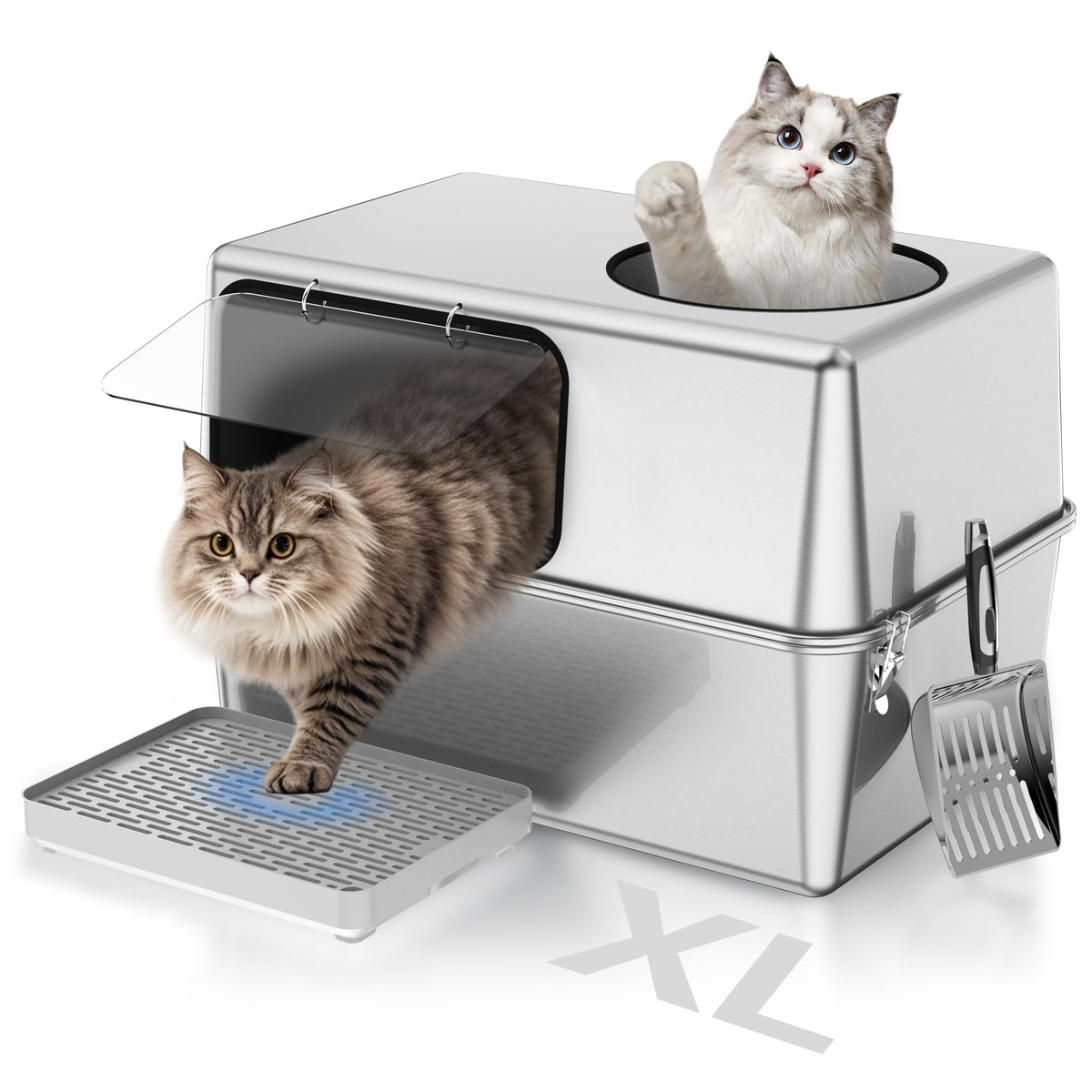 FOPUNB stainless steel litter box with dog-proof enclosure keeps dogs out and cats secure.