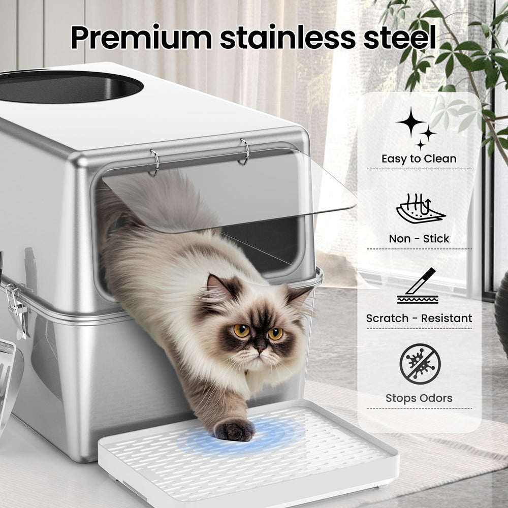 FOPUNB stainless steel litter box grey silicone edge adds safety and style