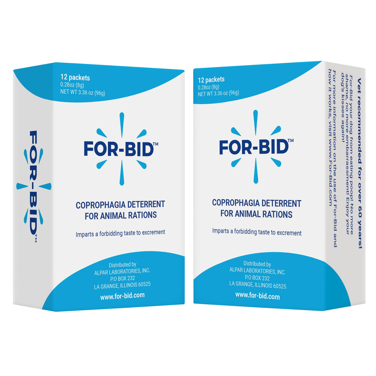 For-Bid powder sprinkled on dog food to deter stool eating and support mealtimes.