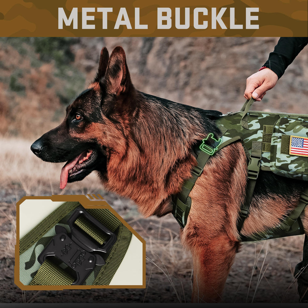 Forestpaw dog harness back with MOLLE attachments demonstrates expandable pockets for gear.
