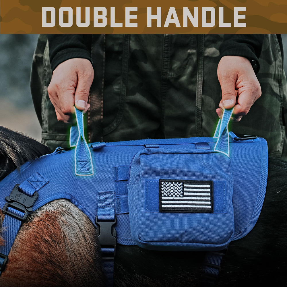 Forestpaw tactical harness blue with MOLLE pouches enables external gear storage.