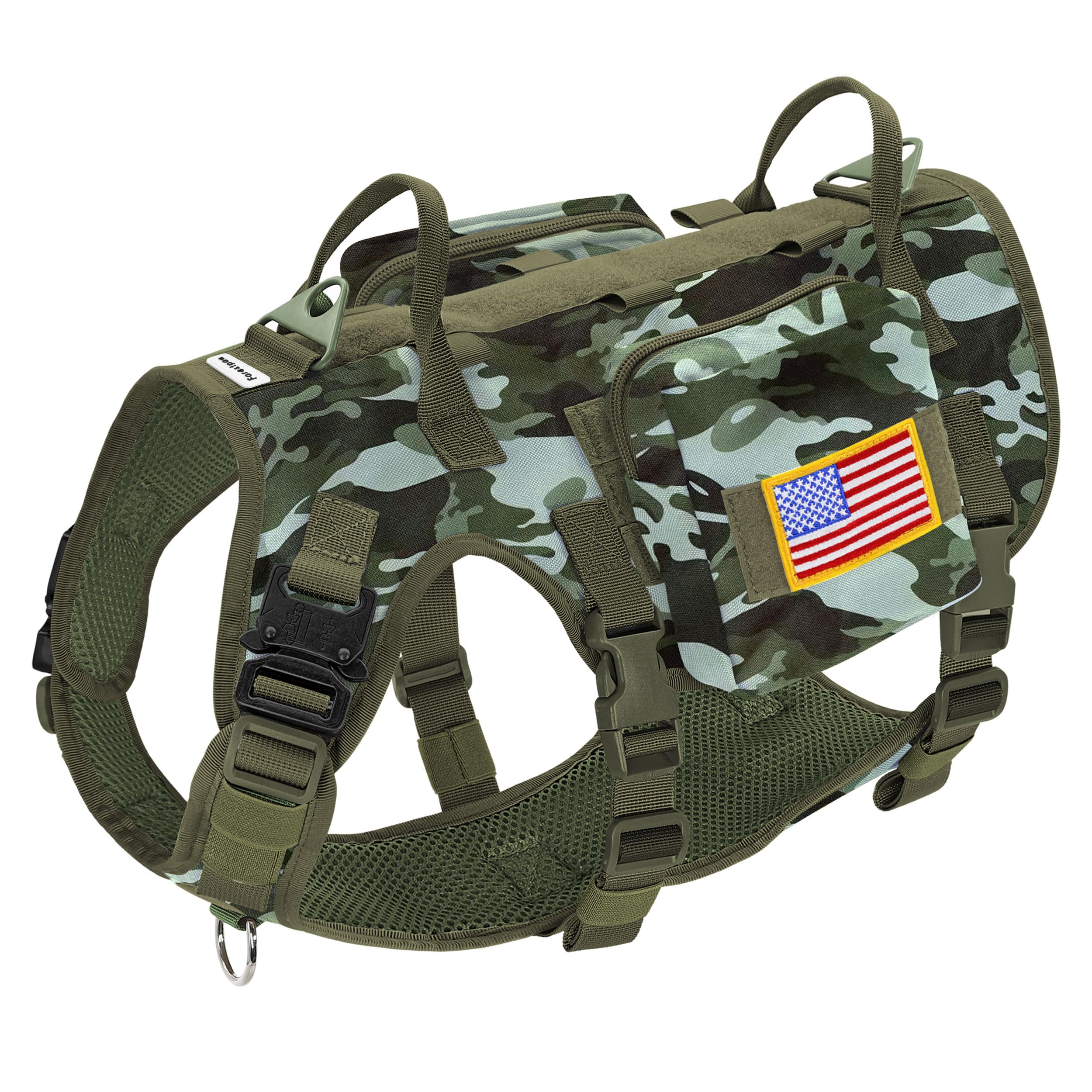 Forestpaw dog harness front camouflage green demonstrates sturdy build for secure outdoor walks.