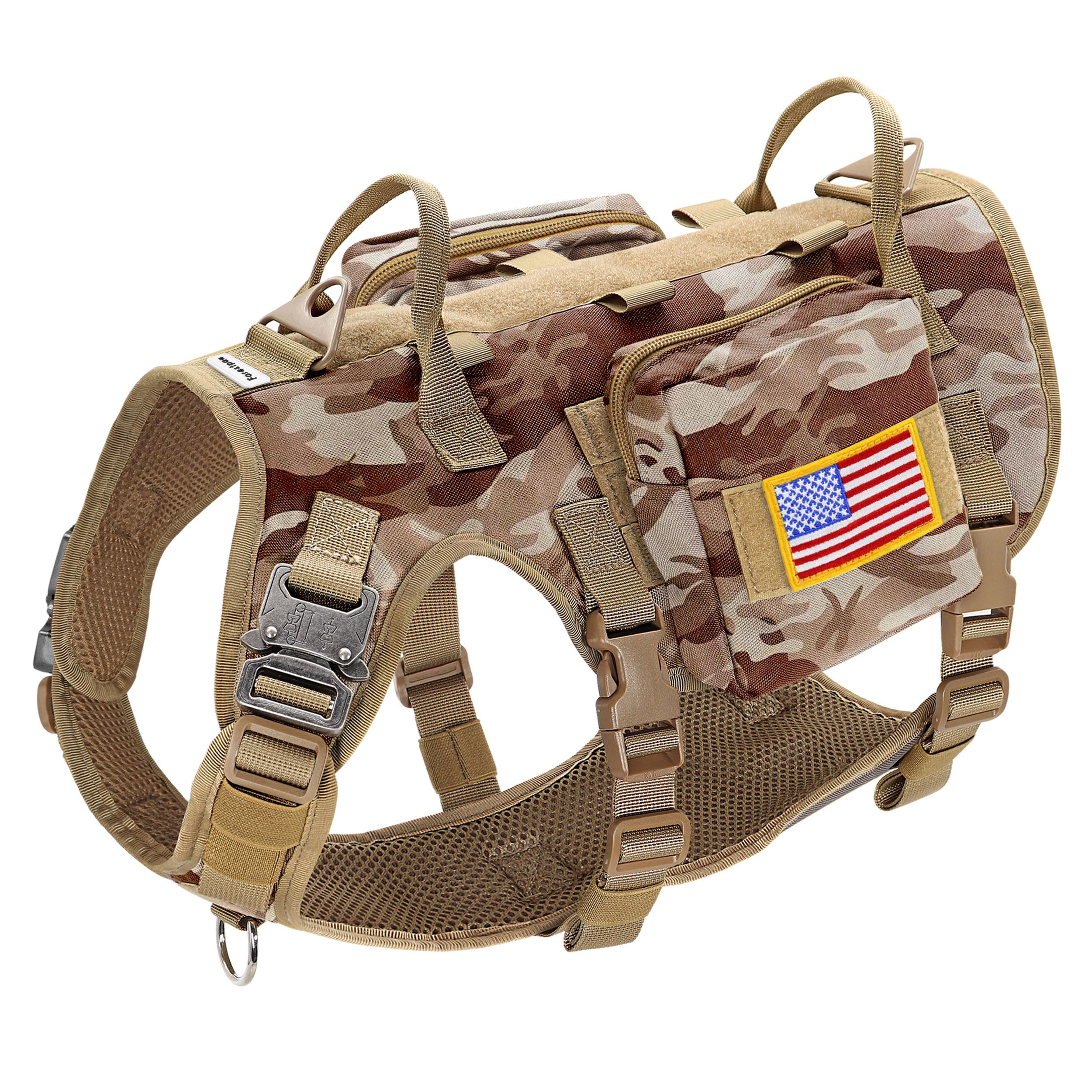 Forestpaw dog harness front view, camo brown for secure hikes and easy control.