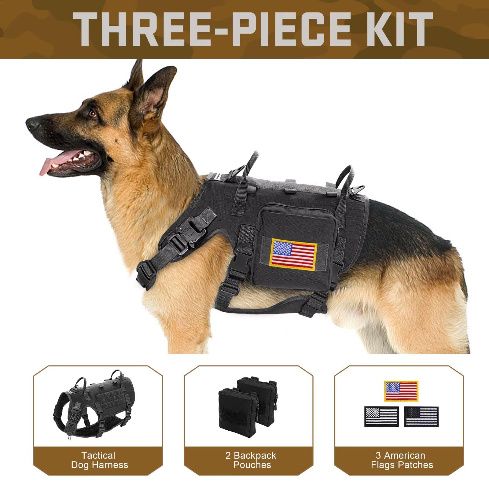Forestpaw dog harness medium side view shows MOLLE pouches for treats and toys