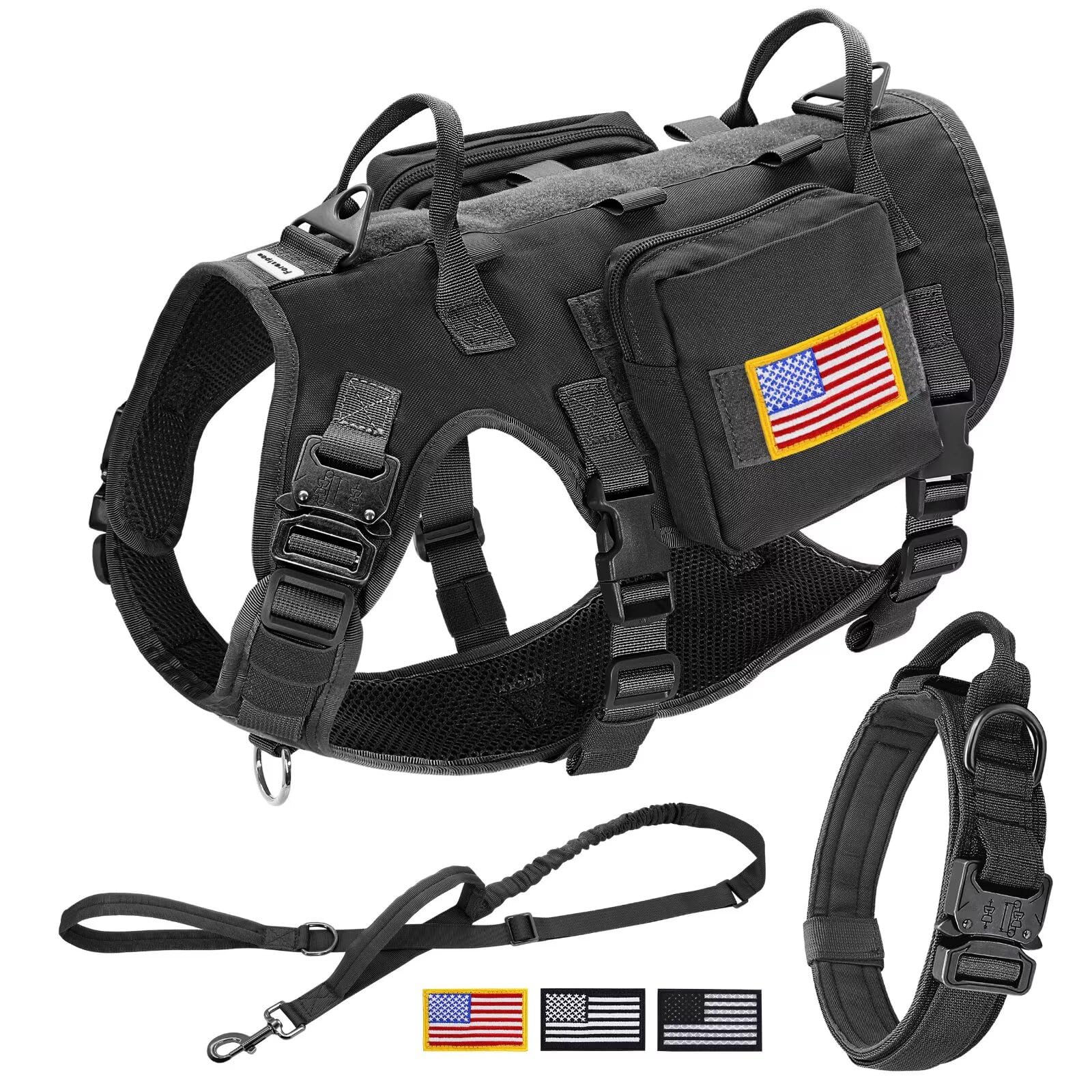 Forestpaw tactical harness on a large dog showing front D-ring for no-pull control during walks