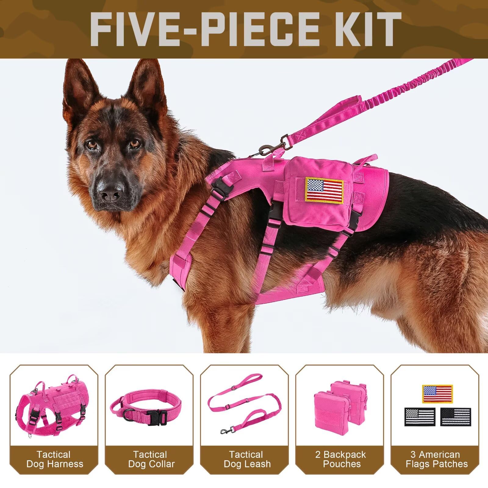 Forestpaw Pink Tactical Dog Harness front D-ring enables no-pull control.