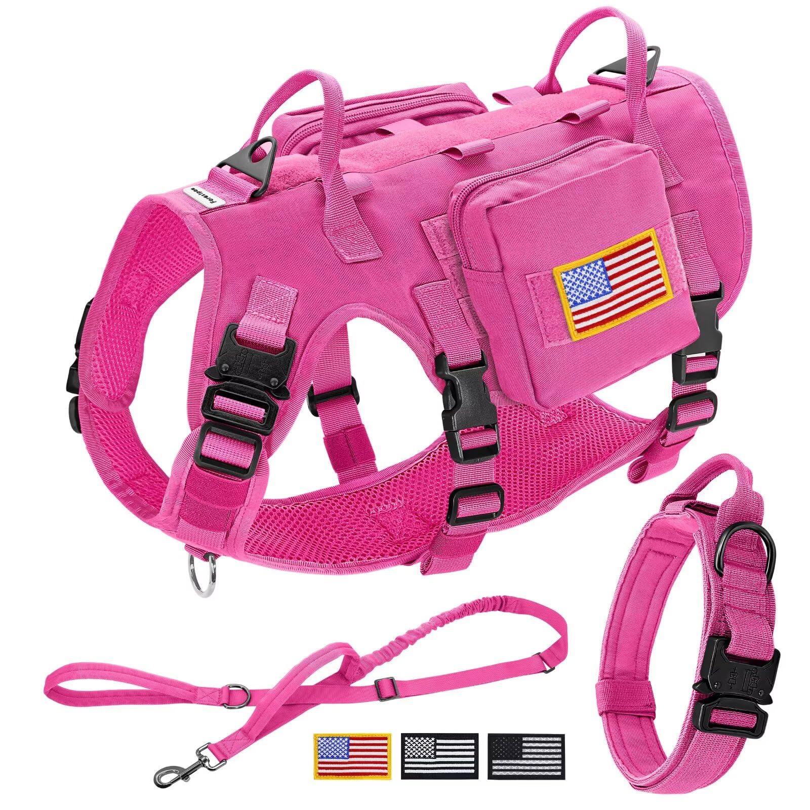 Forestpaw pink tactical harness front view highlights front-D ring for no-pull control.