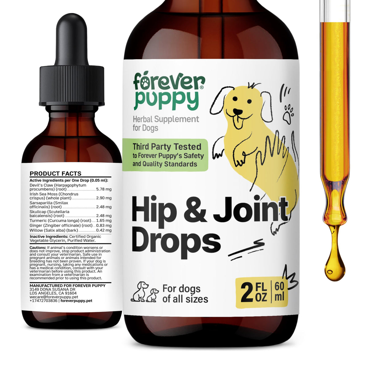 Forever Puppy hip joint drops bottle — convenient liquid for canine joint support.
