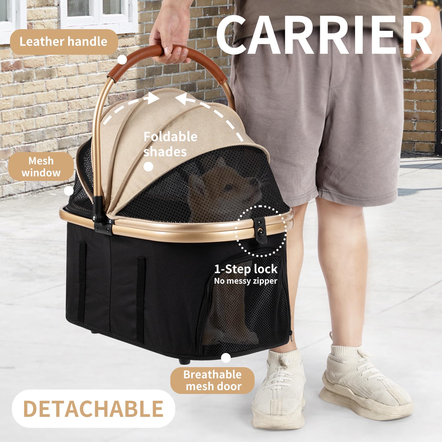 FOREVER QUEEN 3-in-1 pet stroller side view with smooth ride on various surfaces.