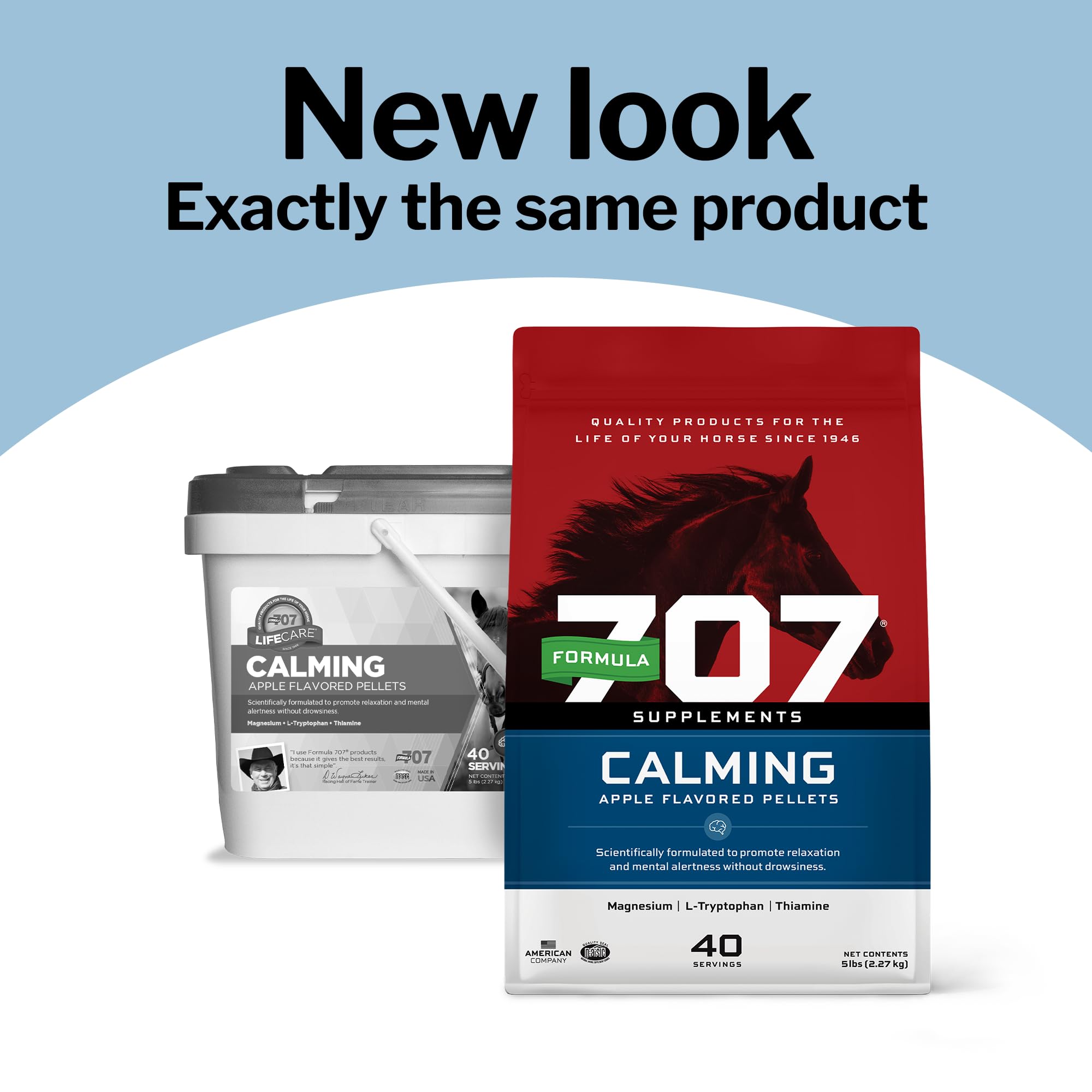 Formula 707 Calming Equine 5lb bag back shows label and usage guidance for riders.