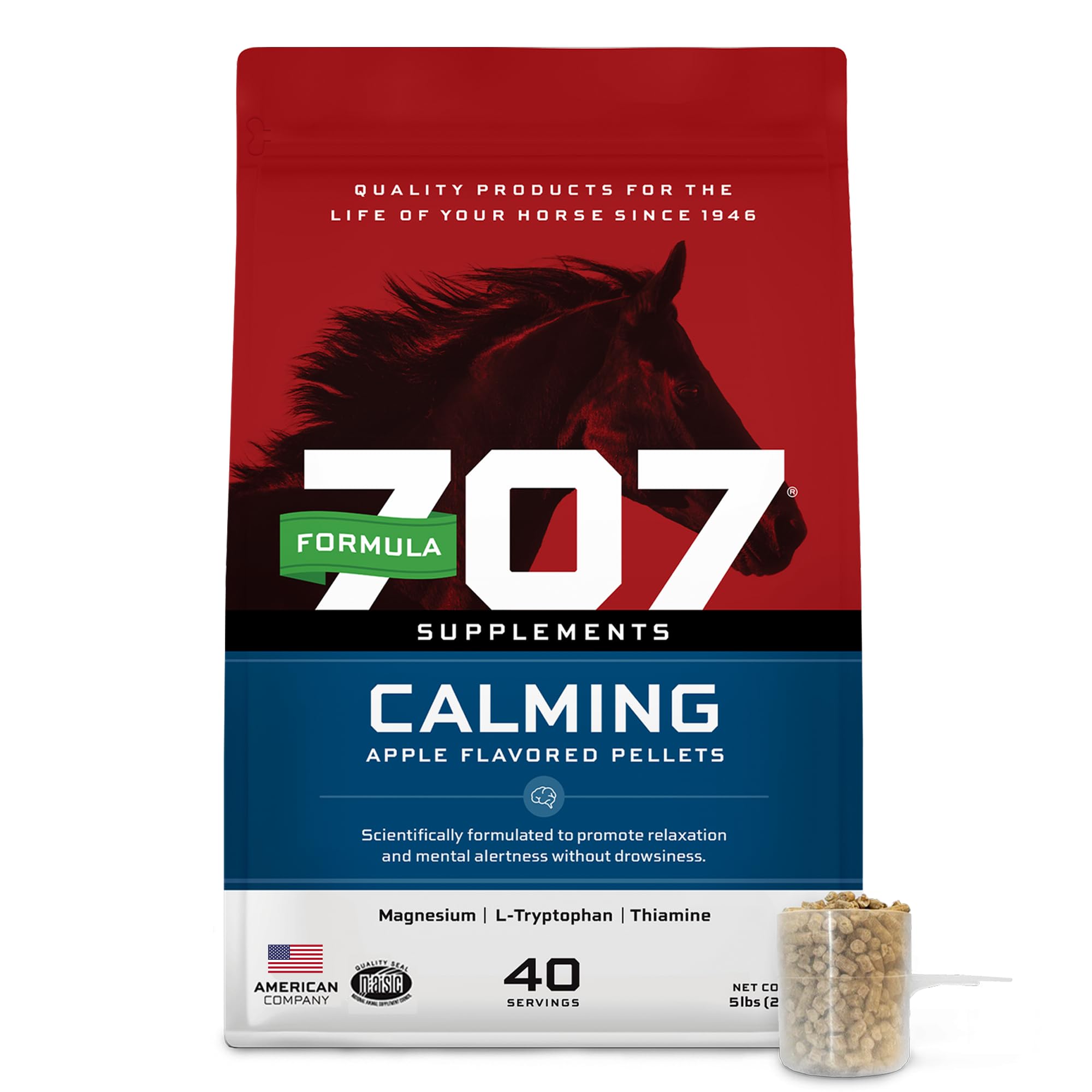Formula 707 Calming Equine 5lb bag front promotes calmness during training.