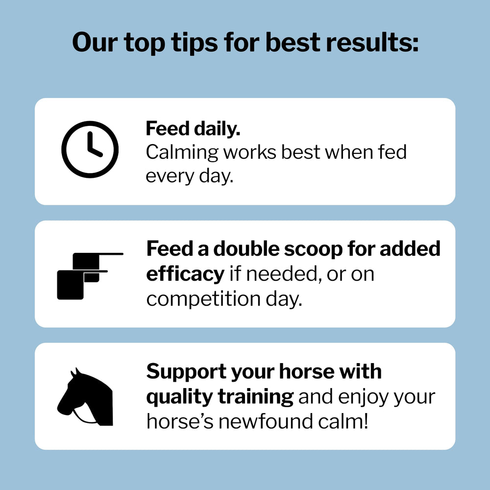 Formula 707 Calming Equine Supplement in stable setting ready for pre-workout use.