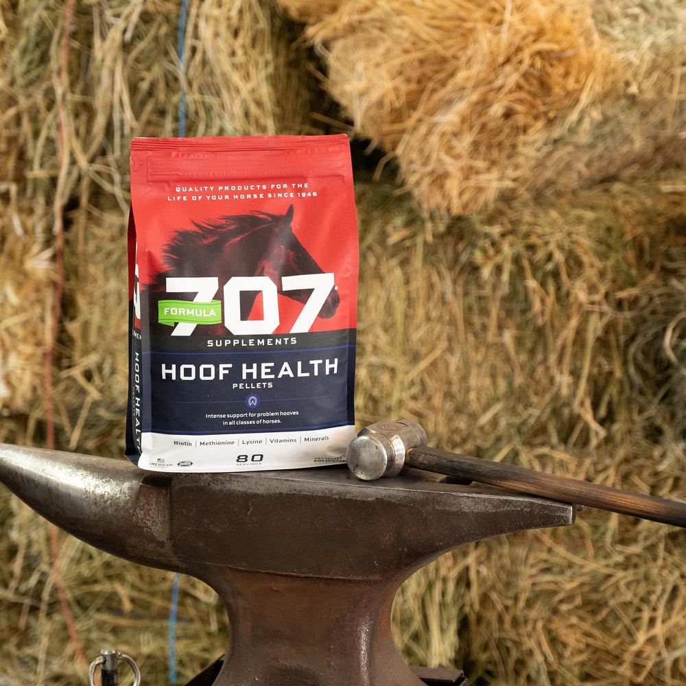 Formula 707 Hoof Health ingredients include biotin and amino acids supporting coat shine.