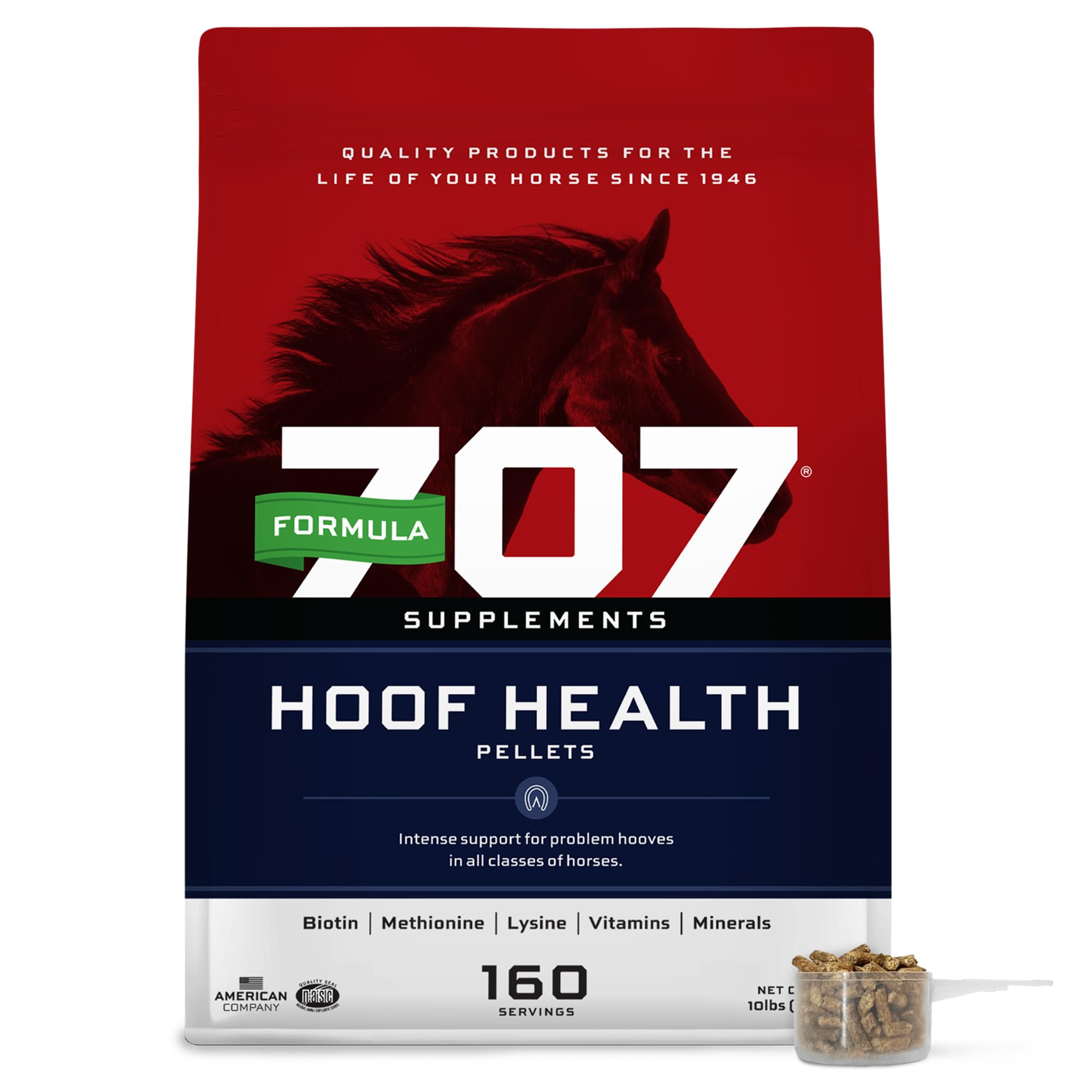 Formula 707 Hoof Health pellet bag shows complete hoof support for healthy hooves.