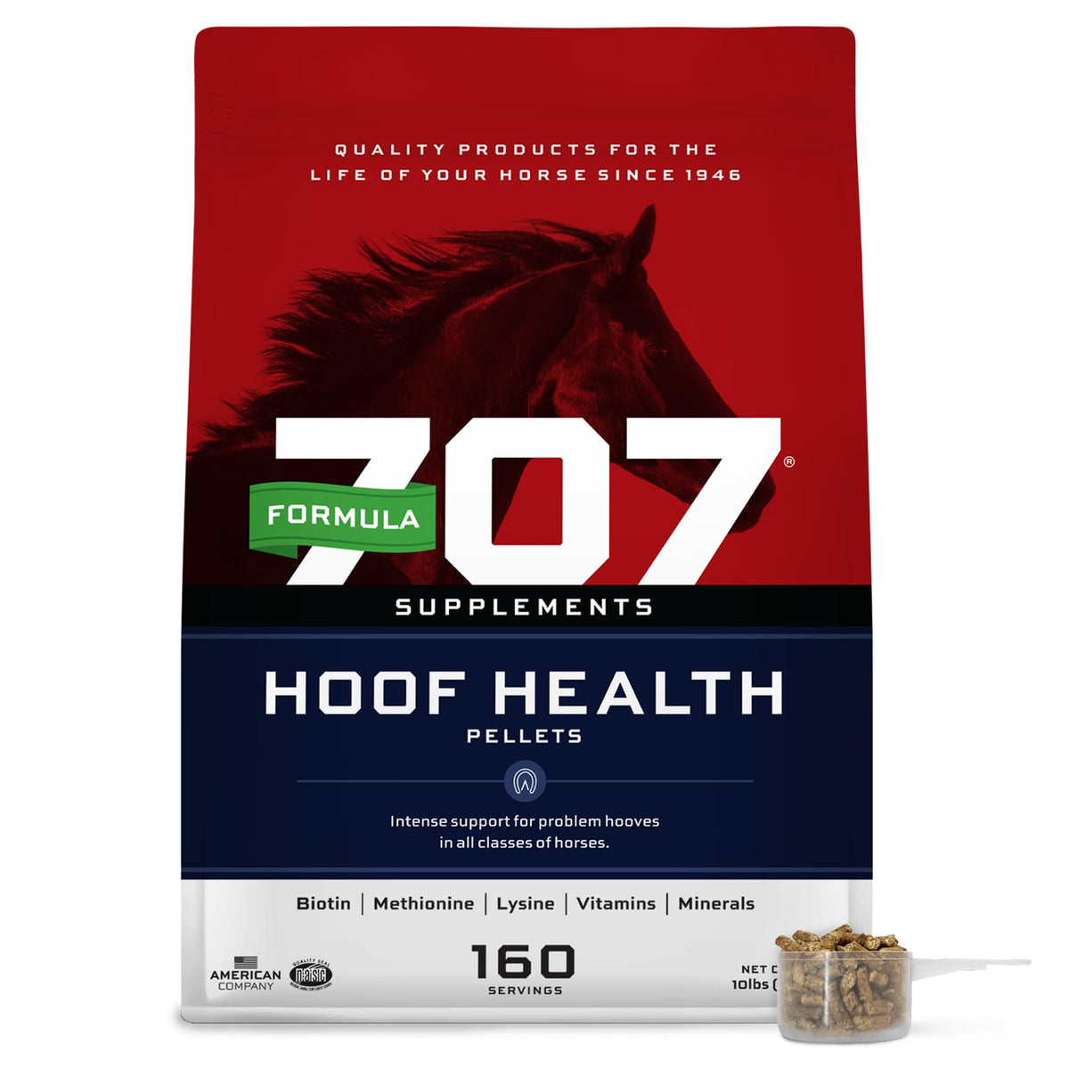 Formula 707 Hoof Health pellet bag shows complete hoof support for healthy hooves.