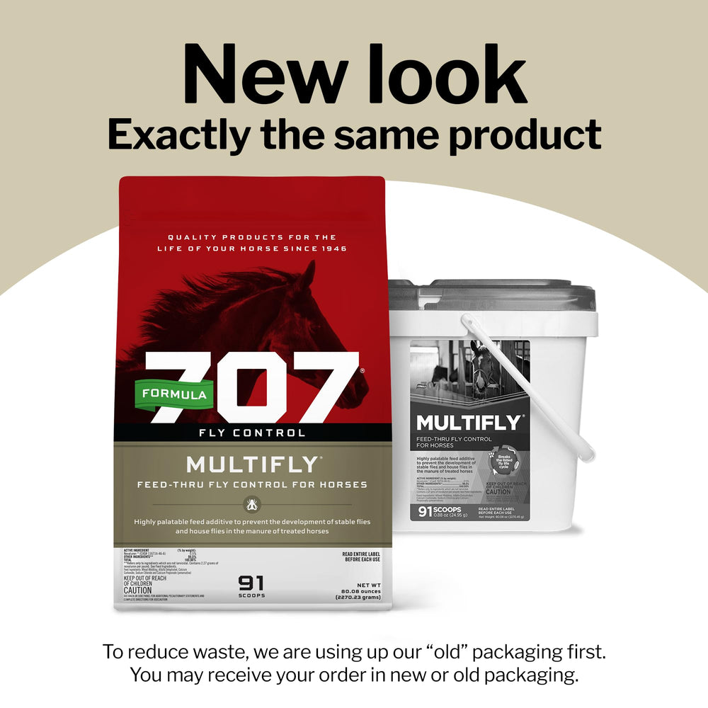 Formula 707 MultiFly pellets shown with horse, supporting safe, simple feed-through fly reduction.