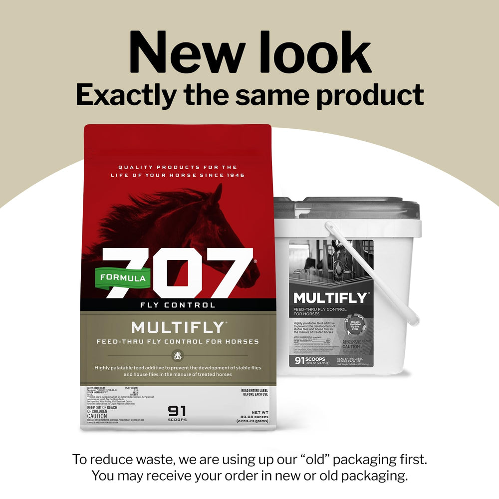 Formula 707 MultiFly in barn scene shows horse-safe fly management.
