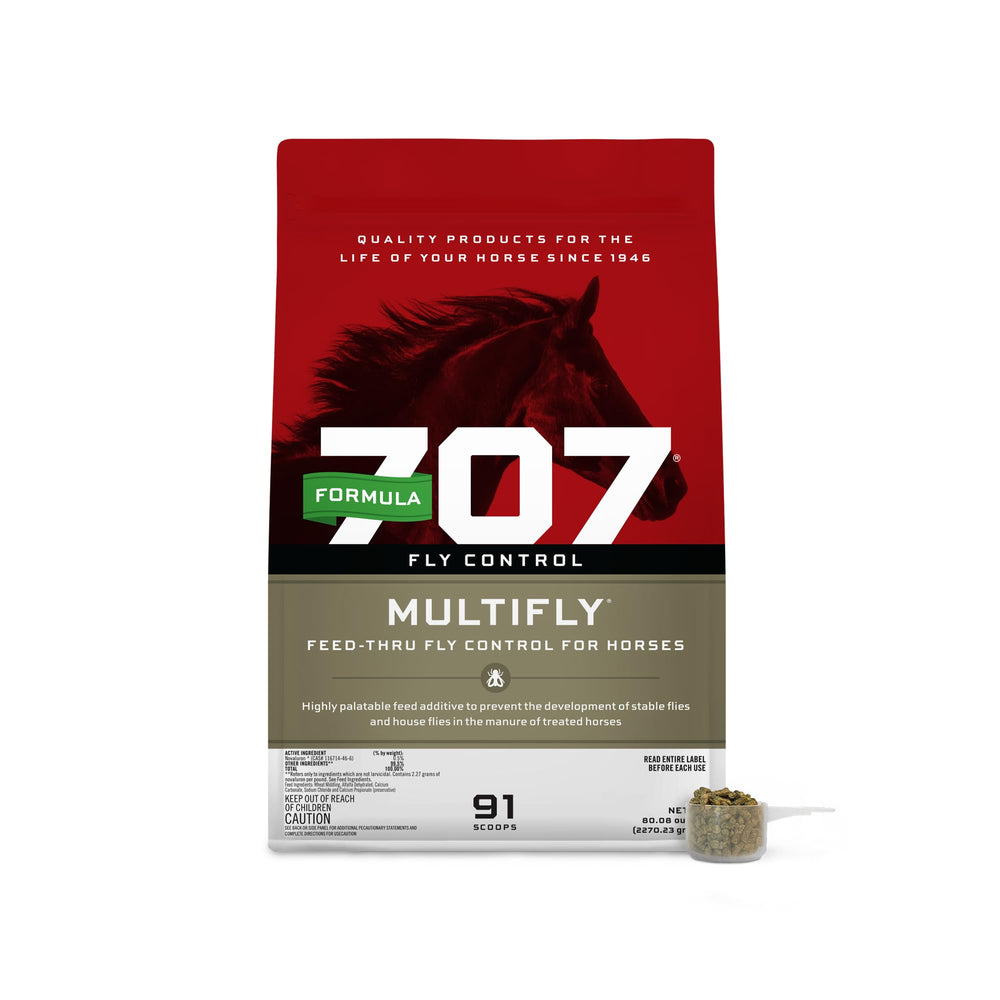 Formula 707 MultiFly pellets in feed bowl provide a convenient fly control option during daily feeding.