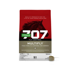 Formula 707 MultiFly pellets in feed bowl provide a convenient fly control option during daily feeding.