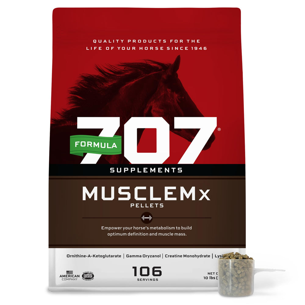 Formula 707 MuscleMx bottle label close-up for reliable muscle support in horses.
