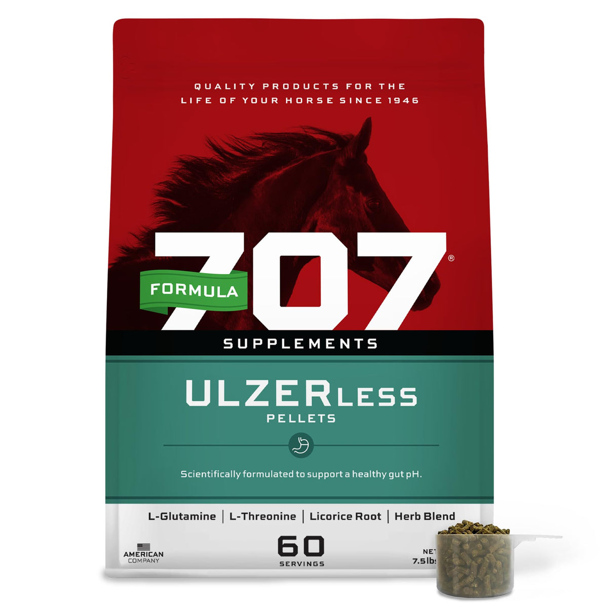 Formula 707 ULZERless bottle front with gut support messaging for horses