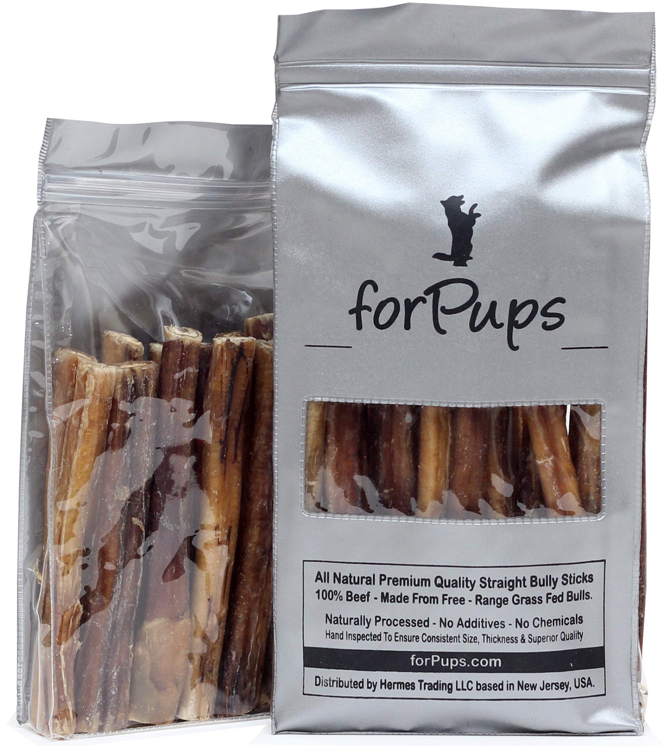 forPups Regular bully sticks package shows nearly odorless, natural beef chew for small dogs