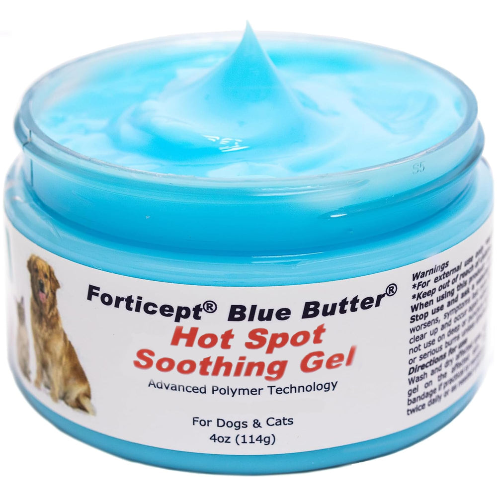 Forticept Blue Butter hot spot gel jar shows soothing wound care for dogs and cats.