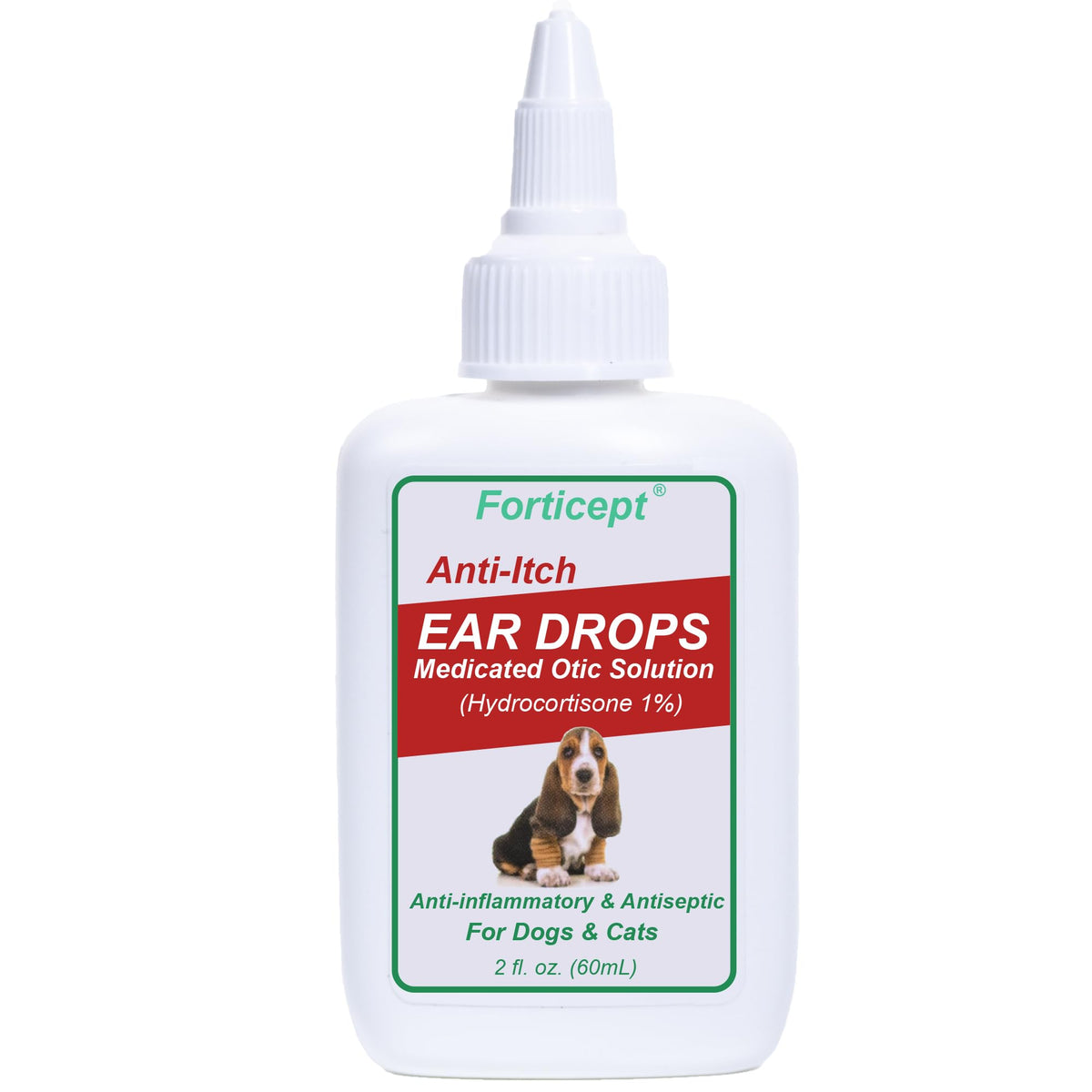 Forticept ear drops bottle ready for application to soothe irritated ears.