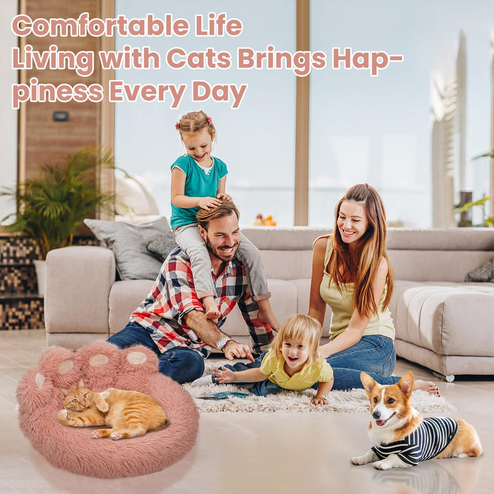 FortuneALL calming donut bed living room setup shows cozy pet retreat.