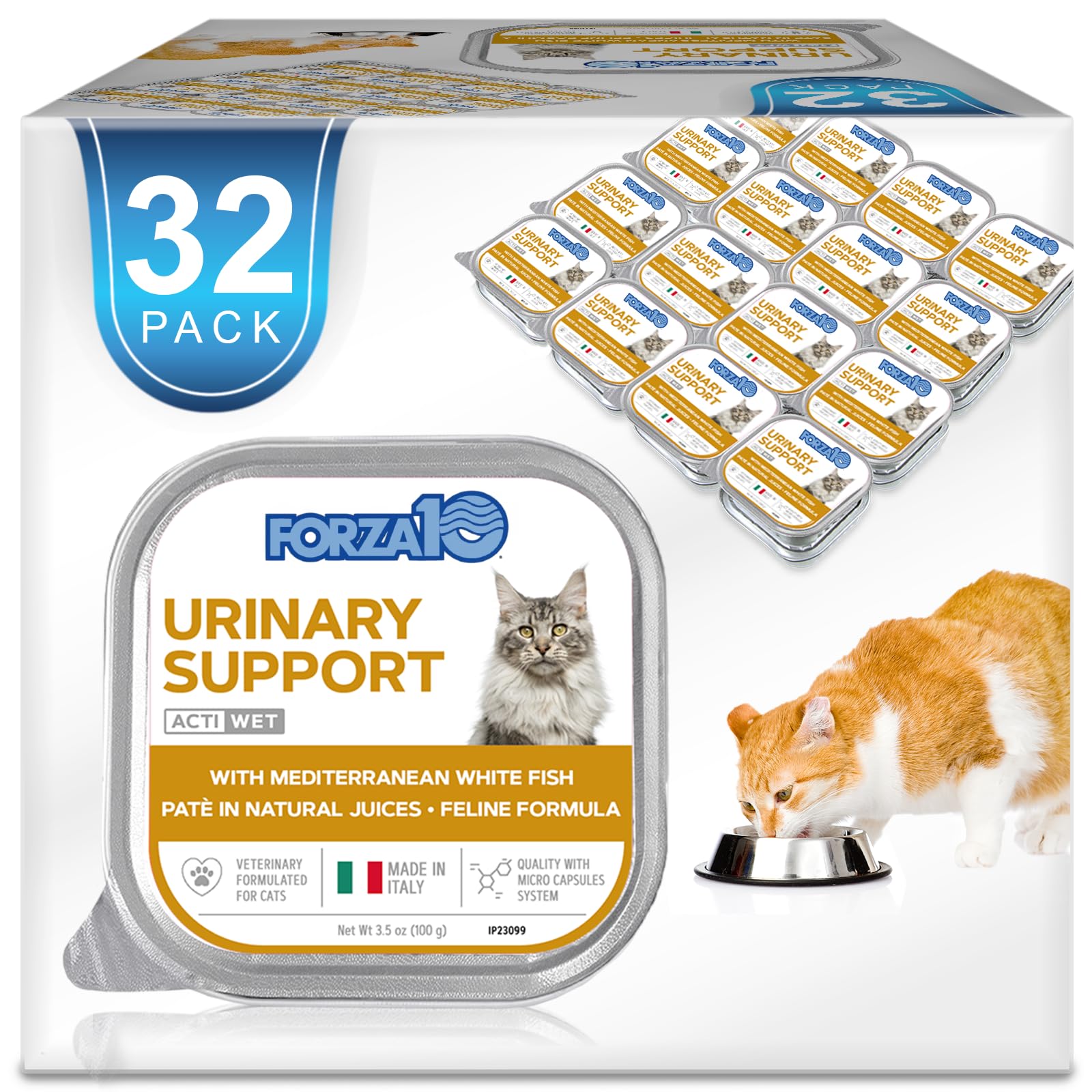 Forza10 urinary care cat food cans in a 32-pack for daily meals.