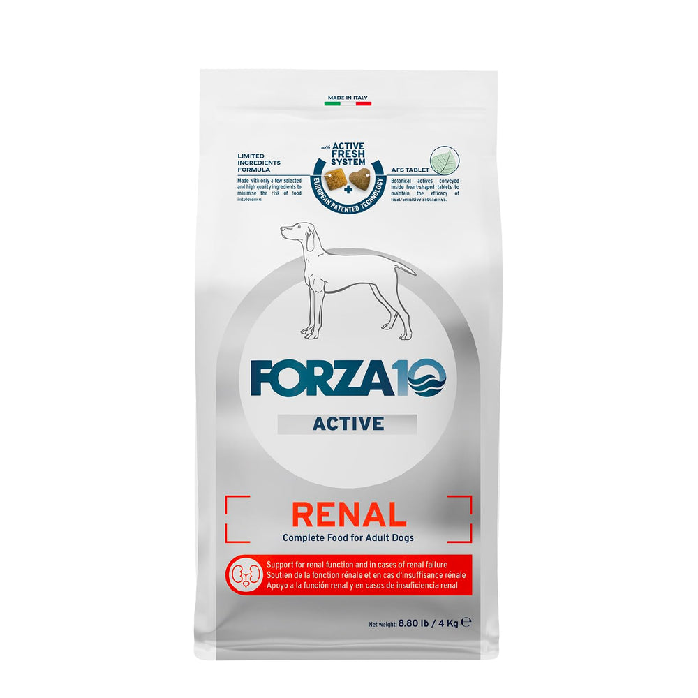Forza10 kidney-support dog food bag open showing limited-ingredient formula for sensitive pets.