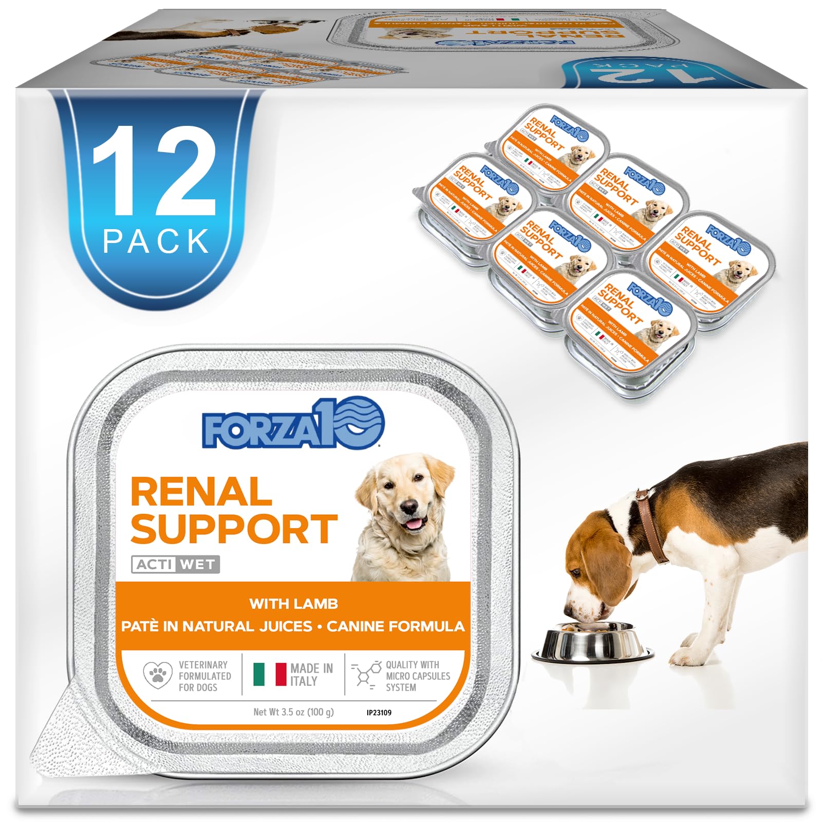 Forza10 kidney-support lamb wet dog food can in a 12-pack for daily meals