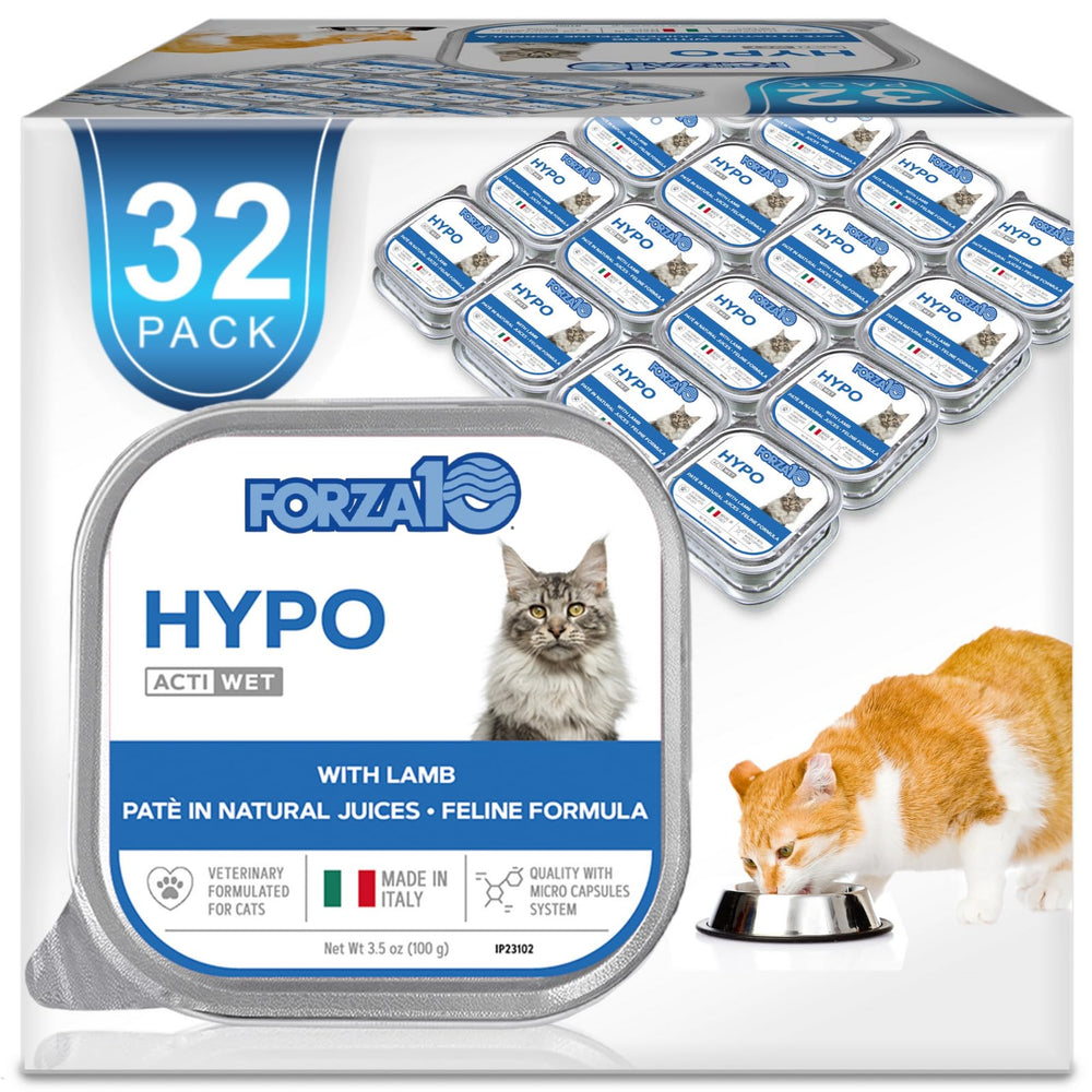 Forza10 lamb-wet cat food can packaging highlights premium Italian formula for sensitive cats.