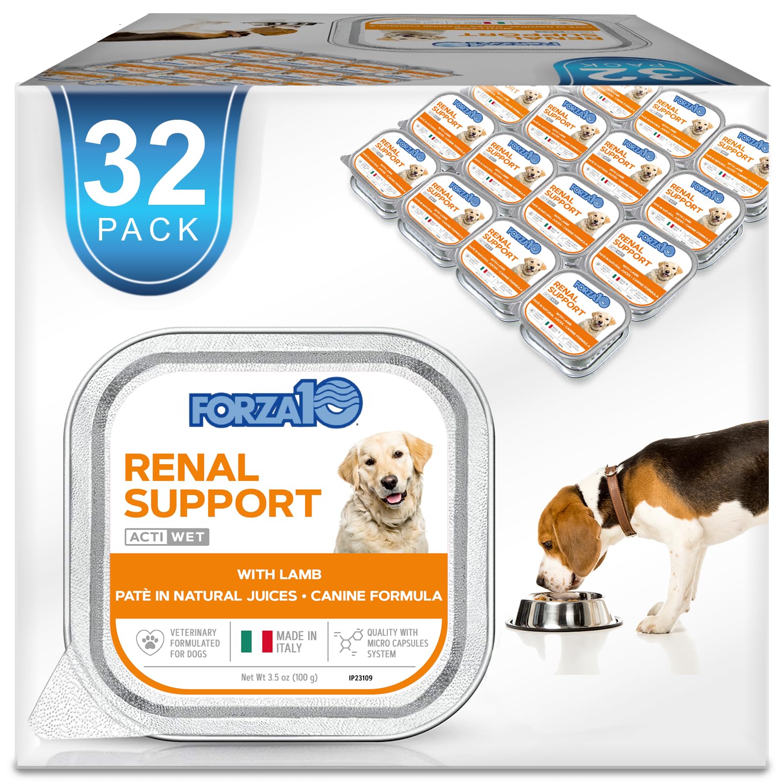 Forza10 lamb wet dog food packaging highlights kidney-support formula for dogs