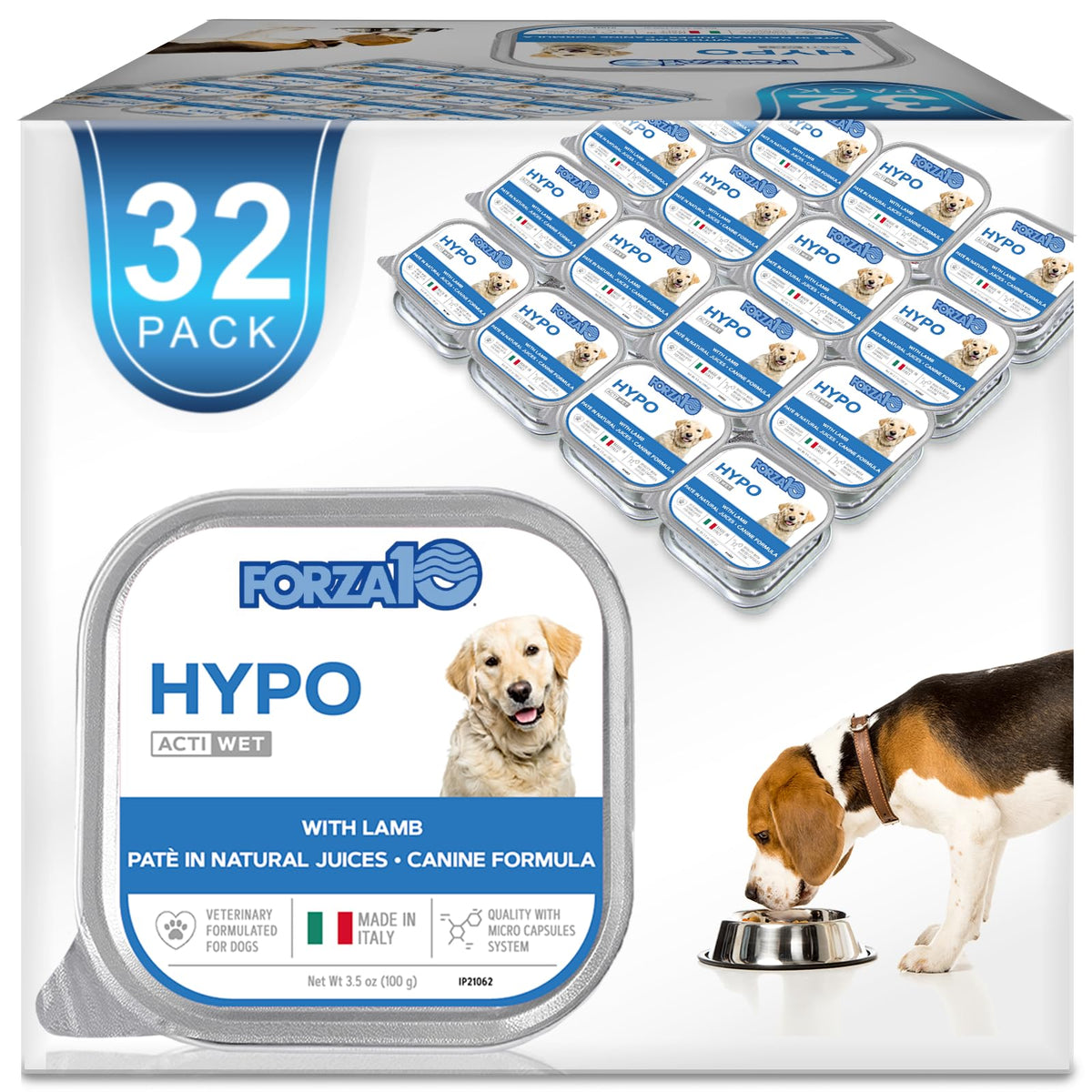 Forza10 wet dog food lamb can closeup, protein-rich for allergy-prone dogs.