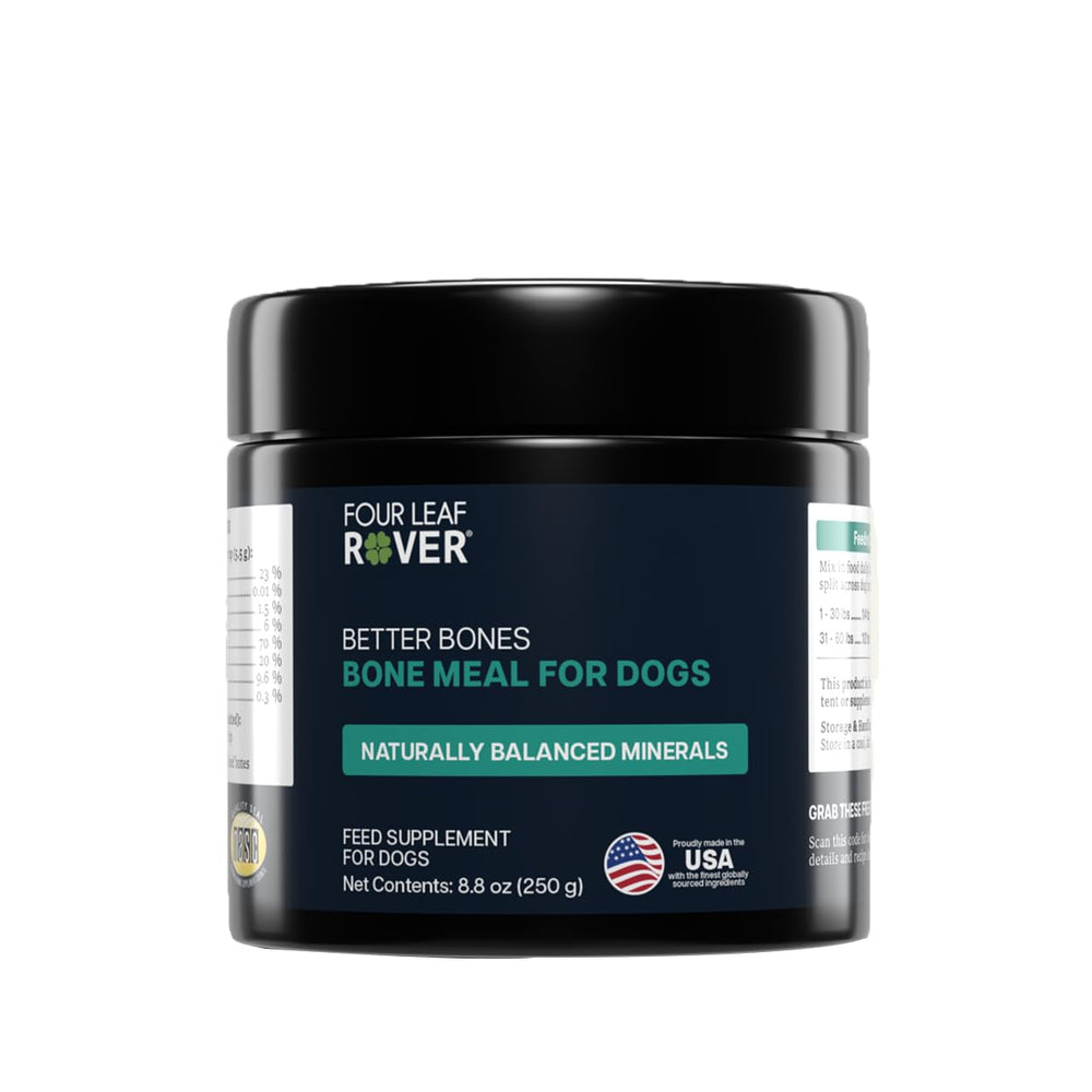 Four Leaf Rover Better Bones bone meal powder beside dog food for balanced meals.